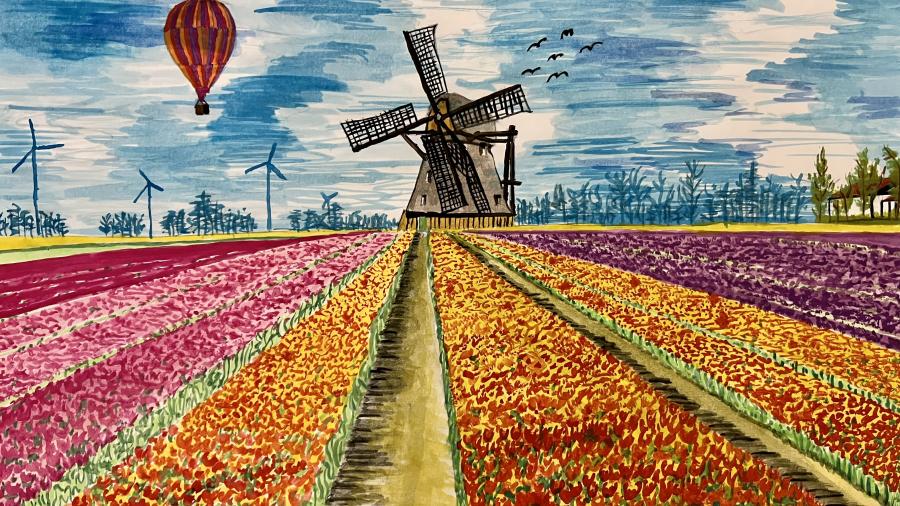 Ein Kunstwerk aus dem Kunstunterricht. Es zeigt eine Mühle auf an einem Tulpenfeld. 