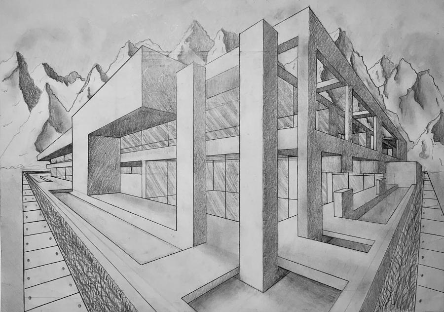 Kunstwerk Modernes Wohnhaus - Zweifluchtpunktperspektive